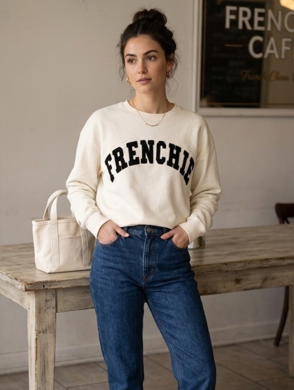 Francesca's Collections Cream Sweatshirt with Black 'FRENCHIE' Logo